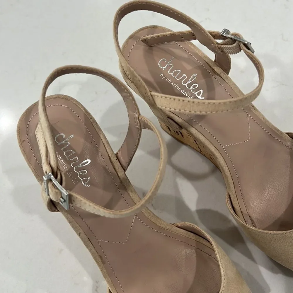 Charles by Charles David Lambert Textured Cork Wedge Ankle Strap Sandal Size 7
